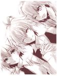  2boys ahoge astolfo_(fate) bangs blue_eyes eyebrows_visible_through_hair fang fate/apocrypha fate_(series) greyscale jeanne_d'arc_(fate) jeanne_d'arc_(fate)_(all) long_sleeves looking_at_viewer male_focus monochrome multiple_boys multiple_monochrome one_eye_closed pink_eyes red_eyes shirt short_hair sieg_(fate/apocrypha) tetsumaki waistcoat white_background 