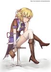  absurdres arm_warmers blonde_hair blood boots brown_footwear commentary_request cs12345655 green_eyes hand_on_own_chin highres holding holding_weapon mallet mizuhashi_parsee pointy_ears scarf short_sleeves sitting solo tears thighhighs touhou weapon white_legwear white_scarf 