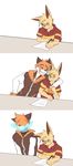  2017 abstract_background anthro biceps blonde_hair blush cat collar comic embarrassed eye_contact eyewear feline glasses grin hair happy hug long_ears male male/male mammal muscular muscular_male owen_(repeat) paper pecs phillip_(repeat) pose red_panda repeat_(visual_novel) shirokoi simple_background smile surprise translucent 