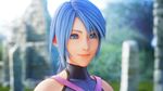  1girl aqua_(kingdom_hearts) bare_shoulders blue_eyes blue_hair halterneck kingdom_hearts lips short_hair smile solo 