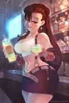  alcohol bar belt black_skirt bottle breasts brown_hair cactus cowboy_shot crop_top cup curvy drink drinking_glass earrings elbow_gloves english final_fantasy final_fantasy_vii fingerless_gloves fingernails gloves highres holding holding_cup ice ice_cube indoors jewelry large_breasts long_hair midriff miniskirt nail_polish navel number open_mouth patreon_username pencil_skirt red_nails rtil shelf shiny shiny_skin shirt skirt sleeveless smile solo suspender_skirt suspenders suspenders_gap tank_top taut_clothes taut_shirt tequila tifa_lockhart 