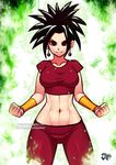  abs aura black_hair bracer breasts clenched_hand dragon_ball dragon_ball_super earrings fusion jadenkaiba jewelry kefla_(dragon_ball) large_breasts looking_at_viewer navel smile solo spiked_hair stomach thigh_gap toned 