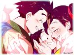  3boys artist_name black_eyes black_hair blush brothers chi-chi_(dragon_ball) closed_eyes crying dragon_ball dragon_ball_z earrings eyebrows_visible_through_hair family father_and_son forehead-to-forehead hands_on_another's_face hug jewelry looking_at_another mother_and_son multiple_boys ochanoko_(get9-sac) out_of_frame siblings simple_background son_gohan son_gokuu son_goten tears tied_hair twitter_username white_background wristband 