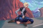  1girl android_18 ass belt blonde_hair blue_eyes boots breasts commission cutesexyrobutts denim dragon_ball dragon_ball_z hetero jeans kuririn looking_back looking_down medium_breasts pants short_hair sitting sitting_on_face sitting_on_person smile torn_clothes torn_jeans torn_pants 