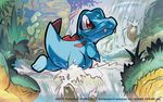  commentary_request gen_2_pokemon no_humans official_art pokemon pokemon_(creature) pokemon_trading_card_game smile solo tokiya totodile watermark 