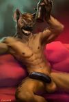  2017 abs anthro balls biceps biped black_nose bottle chunie claws detailed_background digital_media_(artwork) digital_painting_(artwork) erection fur grin hair hi_res holding_bottle holding_object humanoid_penis hyena inside looking_at_viewer male mammal muscular muscular_male nipples nude partially_retracted_foreskin pecs penis smile solo spots spotted_fur spotted_hyena teeth tuft uncut 