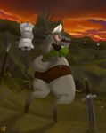  anthro axe battlefield big_butt breasts butt butt_pose castle clothing cuddlebutt field hammer invalid_tag licking licking_lips melee_weapon monster mountain sword tongue tongue_out tools war weapon wide_hips 