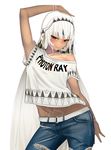  altera_(fate) alternate_costume arm_up bangs bare_arms bare_shoulders belt blunt_bangs blush breasts casual clothes_writing commentary contemporary contrapposto cowboy_shot dark_skin denim fate/extra fate/grand_order fate_(series) i-pan looking_at_viewer md5_mismatch midriff navel pants red_eyes short_hair short_sleeves simple_background small_breasts solo standing tattoo torn_clothes torn_pants veil white_background white_hair 