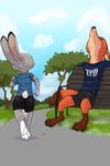  2017 akiric anthro barefoot bench bike_shorts butt canine clothed clothing cloud dipstick_ears dipstick_tail disney duo english_text female fox grass judy_hopps lagomorph male mammal markings multicolored_tail nick_wilde outside path rabbit running shorts sitting sky socks_(marking) text tight_clothing tree zootopia 
