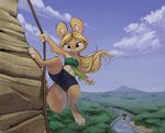  anthro bandeau blonde_hair chinchilla cliff climbing clothed clothing cloud female fur hair mammal outside reign-2004 river rock_climbing rodent rope sky solo tan_fur tree 