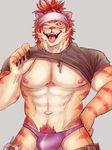  abs askr_07 body_hair clothed clothing clothing_lift feline happy_trail jewelry male mammal muscular muscular_male necklace nipples nomad one_eye_closed pecs shirt shirt_lift speedo swimsuit tiger tokyo_afterschool_summoners tongue wink 