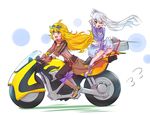  blonde_hair blue_eyes boots bumblebee_(rwby) coattails commentary eyewear_on_head ground_vehicle high_heels iesupa motor_vehicle motorcycle multiple_girls multiple_riders myrtenaster on_motorcycle one_eye_closed prosthesis prosthetic_arm purple_eyes rapier rwby scar scar_across_eye sidesaddle suitcase sunglasses sword weapon weiss_schnee white_hair yang_xiao_long 