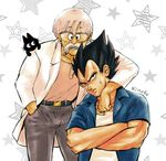  2boys animal arm_over_shoulder belt black_eyes black_hair blue_shirt cat cigarette crossed_arms dr._briefs dragon_ball dragon_ball_super dragonball_z eyebrows_visible_through_hair glasses hand_in_pocket image_sample labcoat looking_at_viewer male_focus multiple_boys pants serious shirt short_hair smile star starry_background sweatdrop tama_(dragon_ball) twitter_sample twitter_username vegeta white_hair white_shirt 