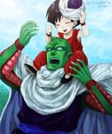  1girl acha annoyed black_hair cape child closed_eyes cloud day dougi dragon_ball dragon_ball_z green_skin happy looking_at_another open_mouth pan_(dragon_ball) piccolo short_hair sky smile turban wristband 
