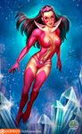  1girl artist_name black_hair bodysuit boots breasts center_opening cleavage crystal dc_comics didi_esmeralda earrings gloves highres jewelry mask navel patreon_logo patreon_username solo sparkle star star_sapphire_(dc) tiara 