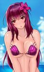  akira_(yuibnm71) blue_sky blush breasts cleavage cloud collarbone day eyes fate/grand_order fate_(series) flower hair_between_eyes hair_flower hair_ornament head_tilt highres large_breasts long_hair looking_at_viewer ocean open_mouth outdoors purple_flower purple_hair scathach_(fate)_(all) scathach_(swimsuit_assassin)_(fate) shiny shiny_skin sideboob sky solo underboob upper_body very_long_hair 