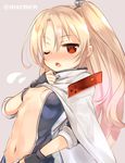  ;o azur_lane bangs black_gloves blonde_hair blue_jacket blush breasts brown_background cape center_opening cleavage cleveland_(azur_lane) commentary_request covered_nipples eyebrows_visible_through_hair fingerless_gloves flying_sweatdrops gloves hair_between_eyes high_ponytail jacket light_brown_hair long_hair looking_at_viewer looking_to_the_side marshmallow_mille navel nose_blush one_eye_closed one_side_up open_mouth ponytail red_eyes sideboob simple_background sleeves_pushed_up small_breasts solo twitter_username very_long_hair white_cape 