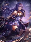  absurdres black_legwear bow breasts chain cleavage dress full_body gloves hair_ornament hand_up highres long_hair looking_at_viewer medium_breasts nani_(goodrich) open_mouth original outdoors purple purple_dress purple_eyes purple_gloves purple_hair purple_sky red_bow thighhighs 
