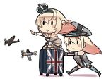  :&gt; :&lt; aircraft airplane bare_shoulders bismarck_(kantai_collection) blonde_hair braid chibi closed_mouth crown detached_sleeves dress flag_print french_braid grey_legwear hat ido_(teketeke) kantai_collection long_hair long_sleeves luggage military military_uniform mini_crown multiple_girls off-shoulder_dress off_shoulder peaked_cap pointing print_bag pushing simple_background smile suitcase thighhighs uniform union_jack v-shaped_eyebrows warspite_(kantai_collection) white_background white_dress white_legwear 