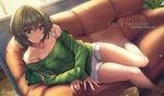  barefoot blue_eyes brown_hair character_name couch dutch_angle fukai_ryousuke green_eyes green_sweater heterochromia idolmaster idolmaster_cinderella_girls jewelry looking_at_viewer mole mole_under_eye necklace off_shoulder parted_lips short_hair shorts signature sitting solo sweater takagaki_kaede white_shorts 
