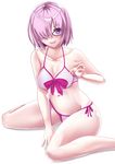  :d adapted_costume between_legs bikini black-framed_eyewear blush breasts cleavage collarbone eyes_visible_through_hair fate/grand_order fate_(series) glasses groin hair_over_one_eye hand_between_legs mash_kyrielight medium_breasts navel open_mouth pink_hair purple_eyes shiny shiny_skin shirakawa_(pixiv21273343) short_hair side-tie_bikini simple_background sitting smile solo swimsuit swimsuit_of_perpetual_summer white_background white_bikini 