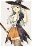  alternate_costume black_hat breasts brown_legwear cleavage cowboy_shot dress green_hair halloween hat kantai_collection long_hair looking_at_viewer medium_breasts puffy_sleeves solo stick suzuya_(kantai_collection) thighhighs twitter_username waving witch_hat yamashiki_(orca_buteo) yellow_eyes 
