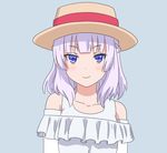  blue_background blue_eyes collarbone detached_sleeves eyebrows_visible_through_hair hat hat_ribbon long_hair looking_at_viewer mamemame_saibou red_ribbon ribbon sakayanagi_arisu silver_hair simple_background smile solo sun_hat upper_body yellow_hat youkoso_jitsuryoku_shijou_shugi_no_kyoushitsu_e 