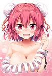  amputee areola_slip areolae bandages blush breasts bun_cover chain collarbone cuffs double_bun hair_between_eyes highres ibaraki_kasen large_breasts looking_at_viewer maturiuta_sorato nose_blush nude open_mouth pink_eyes pink_hair red_eyes revision solo touhou upper_body wavy_mouth white_background 