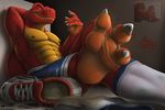  anthro clothed clothing dinosaur feet foot_focus legwear paws rexar_(rrrex) riproarrex scalie smelly sneakers socks sweat topless 