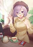  bangs beret breasts cafe casual commentary_request creamer_(vessel) cup curtains digital_media_player earbuds earphones eyebrows_visible_through_hair fate/grand_order fate_(series) glasses hair_over_one_eye half-closed_eyes hands_up haru_(hiyori-kohal) hat holding indoors ipod lavender_hair looking_at_viewer mash_kyrielight medium_breasts notebook open_mouth purple_eyes ribbed_sweater saucer short_hair single_earphone_removed sitting smile solo sweater teacup teapot turtleneck turtleneck_sweater waving 