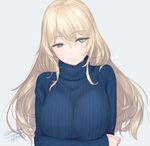  atago_(kantai_collection) blonde_hair blue_eyes breast_hold breasts closed_mouth crossed_arms kantai_collection large_breasts long_hair long_sleeves ribbed_sweater rokuwata_tomoe simple_background sleeves_past_wrists smile solo sweater turtleneck turtleneck_sweater upper_body 