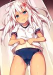  :d alternate_costume bag blue_eyes blush breasts buruma cameltoe commentary_request cowboy_shot eyebrows_visible_through_hair flower from_above gym_uniform hair_flower hair_ornament head_tilt highres kantai_collection lifted_by_self long_hair lying on_back one-piece_tan open_mouth panties panties_under_buruma panty_peek revision ro-500_(kantai_collection) shiny shiny_hair shiny_skin shirt shirt_lift short_sleeves silver_hair small_breasts smile solo sweat tan tanline tareme thighs unacchi_(nyusankin) underwear white_panties white_shirt 