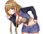  ;d bangs blush breasts brown_hair cleavage cowboy_shot denim denim_skirt eyebrows_visible_through_hair large_breasts leaning_forward long_hair long_sleeves looking_at_viewer low_twintails midriff miniskirt mole mole_under_eye navel one_eye_closed open_mouth original simple_background skirt sleeves_past_wrists smile solo twintails w white_background xiujia_yihuizi 