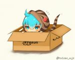  ahoge amazon_(company) aqua_eyes aqua_hair blush box brand_name_imitation cardboard_box chibi commentary_request gradient gradient_background hair_between_eyes hood hoodie in_box in_container kemono_friends logo_parody looking_at_viewer peeking_out rutoko_nijo simple_background snake_tail solo striped_tail tail tsuchinoko_(kemono_friends) twitter_username yellow_background 