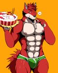  &lt;3 abs bearlovestiger13 briefs bulge cake canine chest_tuft clothed clothing food front_view fur green_underwear male mammal muscular muscular_male one_eye_closed red_fur skimpy topless tuft underwear wink wolf wolfred 