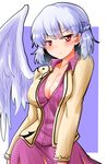  :/ bangs blue_hair blush braid breasts brown_jacket cleavage closed_mouth collared_shirt contrapposto cowboy_shot eyebrows_visible_through_hair french_braid highres jacket kishin_sagume large_breasts long_sleeves looking_at_viewer oshiaki outside_border purple_shirt purple_skirt red_eyes shirt short_hair single_wing skirt solo standing touhou white_wings wings 