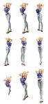 1girl absurdres android_18 ass blonde_hair blue_eyes bracelet breasts curvy dragon_ball dragonball_z earrings feet flip-flops full_body hands_behind_head hips large_breasts looking_at_viewer simple_background thighs toes white_background wide_hips 
