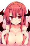  areolae bangs blush breasts collarbone demon_girl gradient gradient_background hair_censor head_wings heart highres koakuma large_breasts long_hair looking_at_viewer maturiuta_sorato nude pink_background red_eyes red_hair revision smile solo touhou upper_body white_background 