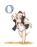  arms_up ball beachball blue_eyes chibi commentary_request garrison_cap hat highres kantai_collection long_hair nuu_(nu-nyu) one-piece_swimsuit school_swimsuit silver_hair simple_background solo swimsuit triangle_mouth u-511_(kantai_collection) white_swimsuit 