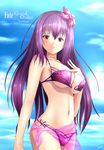  bikini blue_sky breasts character_name cleavage cloud copyright_name cowboy_shot day fate/grand_order fate_(series) flower hair_between_eyes hair_flower hair_ornament highres kokuu_no_chuusa large_breasts long_hair looking_at_viewer navel outdoors pink_flower purple_bikini purple_hair purple_sarong red_eyes sarong scathach_(fate)_(all) scathach_(swimsuit_assassin)_(fate) see-through sideboob signature sky solo standing swimsuit underwear very_long_hair 