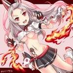  :d animal_ears azur_lane braid breasts claw_pose commentary_request fake_animal_ears fingerless_gloves fire gloves groin hebitsukai-san highres kneehighs long_hair looking_at_viewer medium_breasts navel open_mouth pleated_skirt red_eyes school_uniform serafuku silver_hair single_braid skirt smile solo standing standing_on_one_leg stuffed_wolf tattoo underboob white_legwear yuudachi_(azur_lane) 