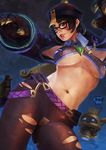  absurdres alternate_costume belt black-framed_eyewear blush_stickers breasts brown_eyes brown_hair claws contrapposto curvy detached_sleeves drone fang glasses hat highres jiangshi jiangshi_mei large_breasts lips long_hair looking_at_viewer maebari mei_(overwatch) midriff monori_rogue navel nose ofuda outstretched_arms overwatch pantyhose short_hair snowball_(overwatch) solo standing torn_clothes torn_legwear underboob 