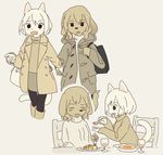  alcohol anthro beverage blush brown_fur brown_hair canine cat chair clothed clothing coat dog duo eating eyes_closed feline female food fork fur hair hand_holding kemono mammal multiple_scenes pants pasta pointing purse s1120411 simple_background sitting skirt smile spoon table turtleneck white_fur white_hair wine wine_glass 