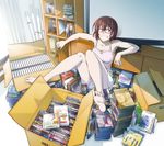  asai_(asumithi) barefoot blu-ray box brown_hair camisole cardboard_box commentary_request dvd_case feet full_body glasses grin hair_ornament hairclip kine-san_no_1-ri_de_cinema kine_machiko looking_at_viewer official_art purple_eyes red-framed_eyewear short_hair short_shorts shorts smile soles solo 