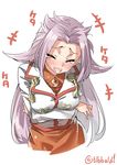  1girl bad_id bad_twitter_id blush breasts closed_eyes collared_shirt cowboy_shot crossed_arms ebifurya facing_viewer hair_intakes highres inactive_account jun'you_(kantai_collection) kantai_collection laughing long_hair long_sleeves magatama medium_breasts open_mouth pink_hair pointy_hair red_shirt red_skirt shirt simple_background skirt solo tears twitter_username white_background 