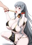  bangs bikini black_bikini black_gloves bol_(liliymimi) breasts commentary_request covered_nipples food gloves grey_hair highres huge_breasts long_hair micro_bikini navel pale_skin popsicle red_eyes selvaria_bles senjou_no_valkyria senjou_no_valkyria_1 sexually_suggestive sidelocks solo_focus squatting stomach sweat swimsuit tongue tongue_out very_long_hair 