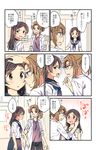  age_difference blush brown_eyes brown_hair closed_eyes comic embarrassed glasses hachiko_(hati12) hand_on_another's_head highres labcoat long_sleeves looking_at_another multiple_girls neckerchief original school_uniform short_sleeves speech_bubble sweatdrop translated 