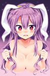  animal_ears areolae blush breasts bunny_ears collarbone eyebrows_visible_through_hair gradient gradient_background hair_between_eyes hair_grab hair_over_breasts highres large_breasts long_hair looking_at_viewer maturiuta_sorato nude parted_lips purple_background purple_hair red_eyes reisen_udongein_inaba sidelocks solo touhou upper_body wavy_hair 