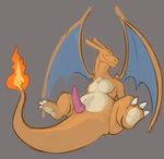  2014 anal animal_genitalia anus big_penis brown_background charizard claws covertcanine dragon erection feral fire flaming_tail front_view hi_res knot looking_at_viewer lying male membranous_wings navel nintendo nipples nude orange_skin penis pok&eacute;mon pok&eacute;mon_(species) reclining scalie shadow simple_background smile solo spread_legs spreading thick_tail video_games wings 