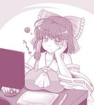 annoyed ascot bow breast_rest breasts commentary_request detached_sleeves eyebrows_visible_through_hair hair_bow hair_tubes hakurei_reimu large_breasts marumega monitor monochrome mouse_(computer) raised_eyebrow ribbon-trimmed_sleeves ribbon_trim solo squiggle stylus sweatdrop tablet touhou upper_body 
